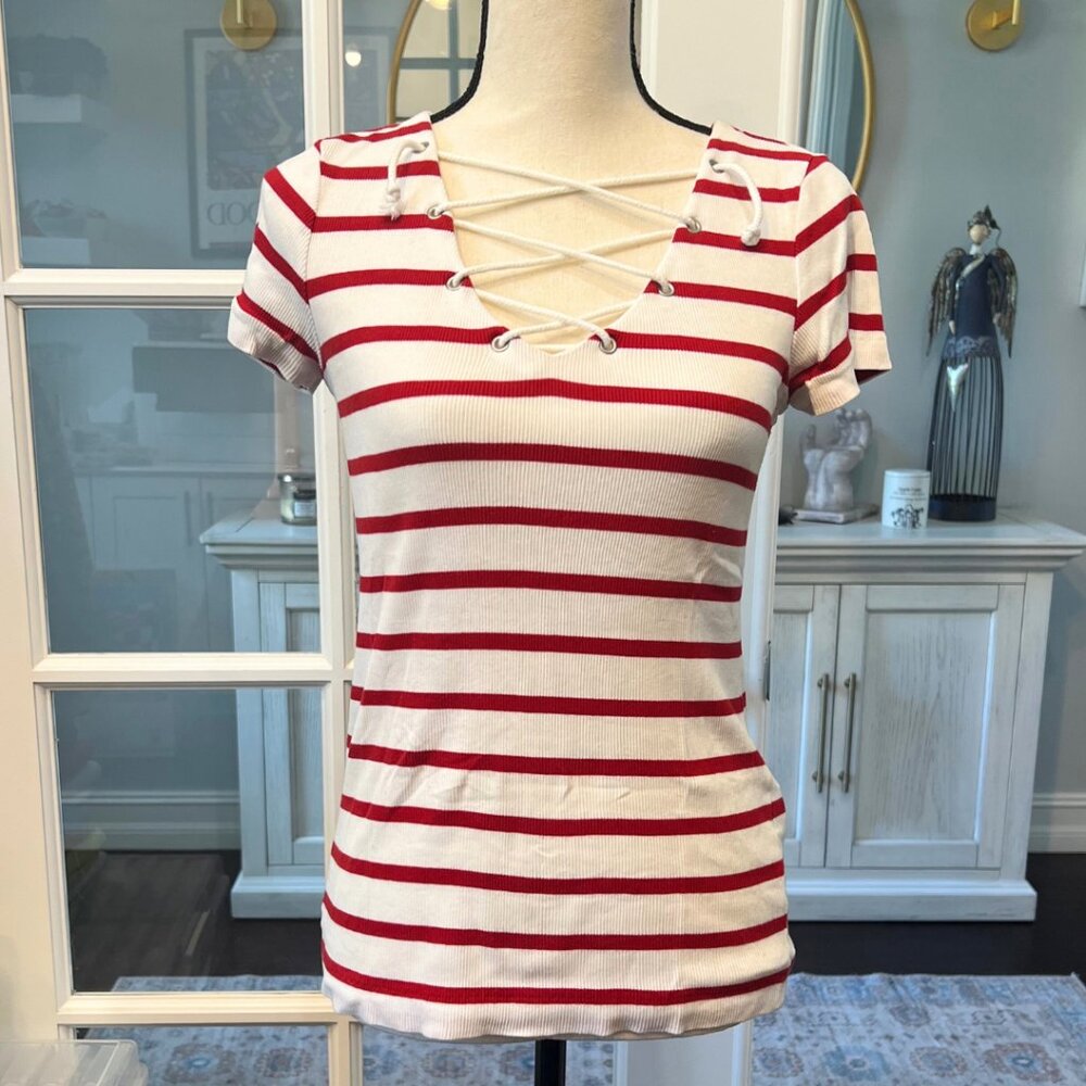 Ralph Lauren Red White Striped Cord Tie V Neck Cotton T-Shirt S